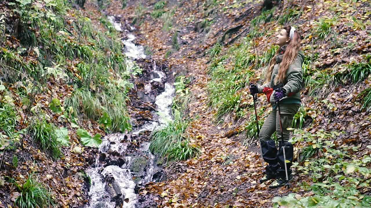 徒步旅行。一名女游客沿着山坡走着典当。喀尔巴阡山。乌克兰。视频素材