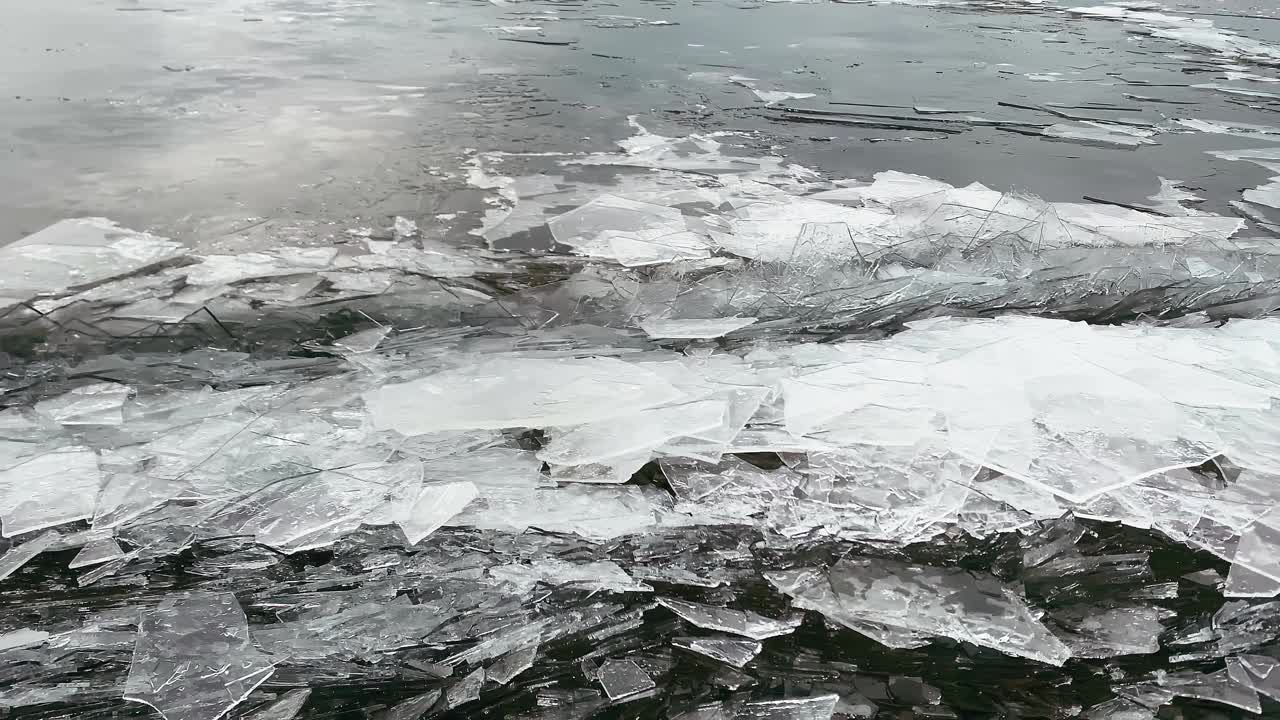 令人满意的近距离观看冰在春天沿着河流漂流视频素材