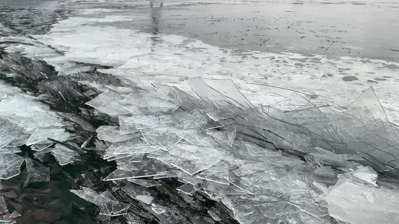 春天河面上的冰是慢动作的视频素材