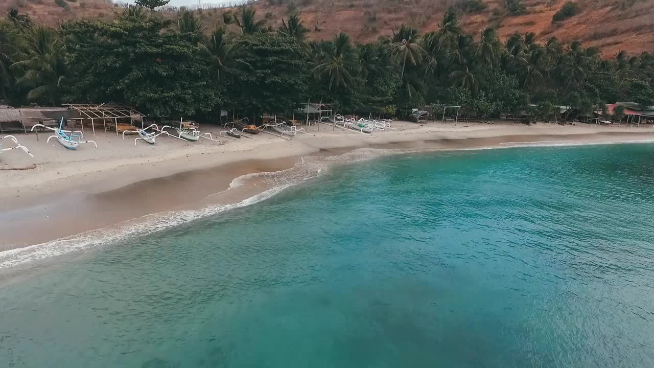 美丽的海滩，晶莹湛蓝的海水和椰子树视频素材