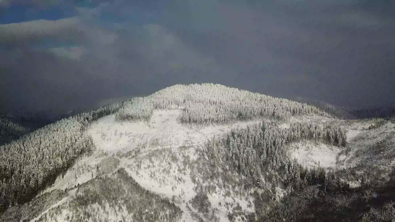 鸟瞰图的一个小屋在冬天田园诗般的雪建立拍摄。视频素材