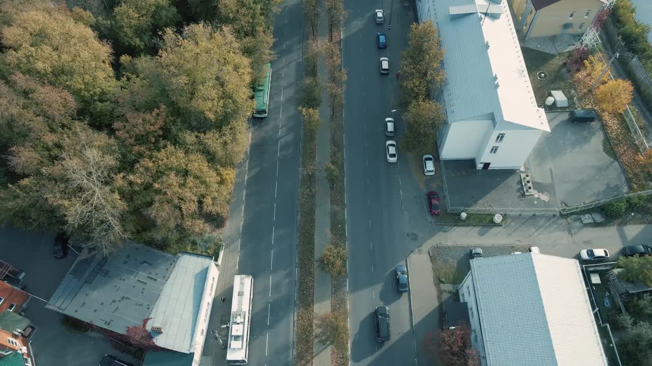 道路双向车道在早上与高大的树木汽车正在驾驶。视频素材