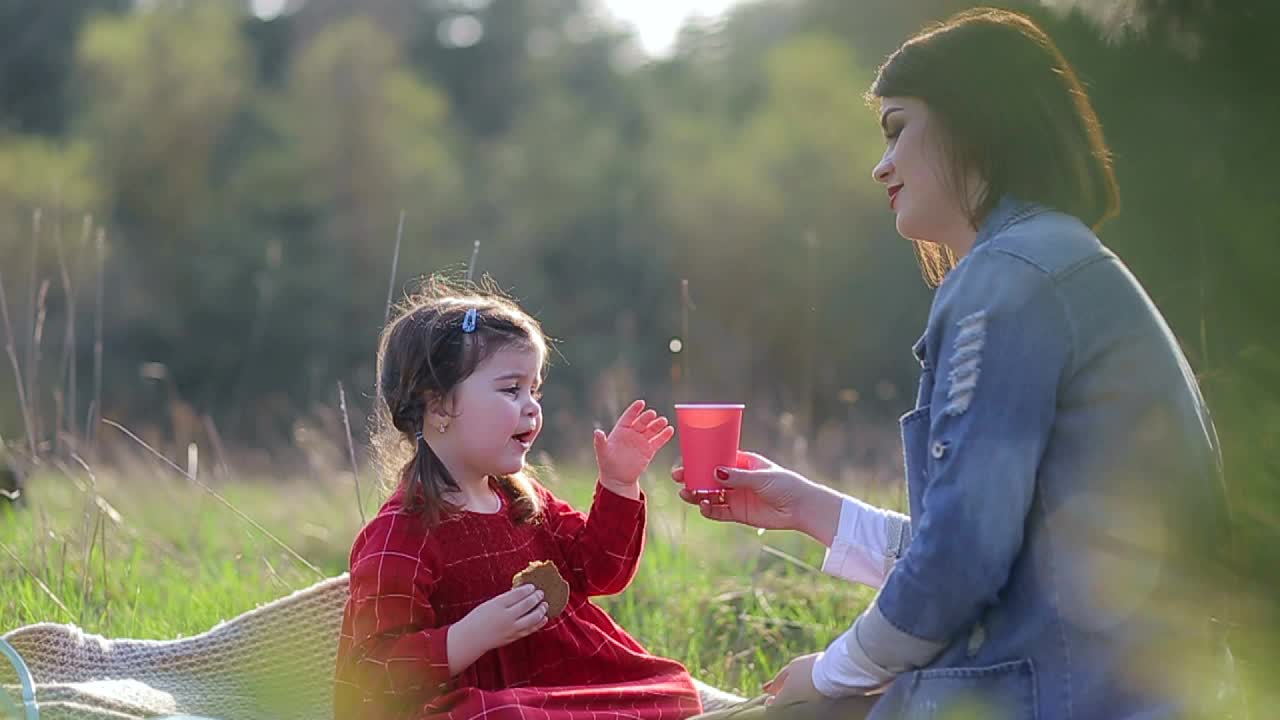 在公园里，穿着蓝色条纹连衣裙的妇女抚养着穿着同样衣服的小女儿。视频素材