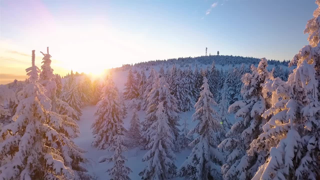 美丽的色彩的日出在冬天的仙女森林，飞在冰雪皑皑的自然景观视频素材