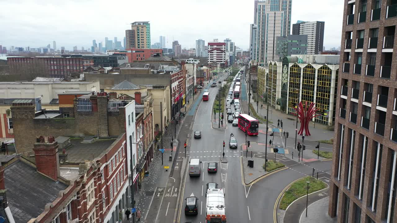 斯特拉特福德市中心高峰期，伦敦东部鸟瞰图视频素材