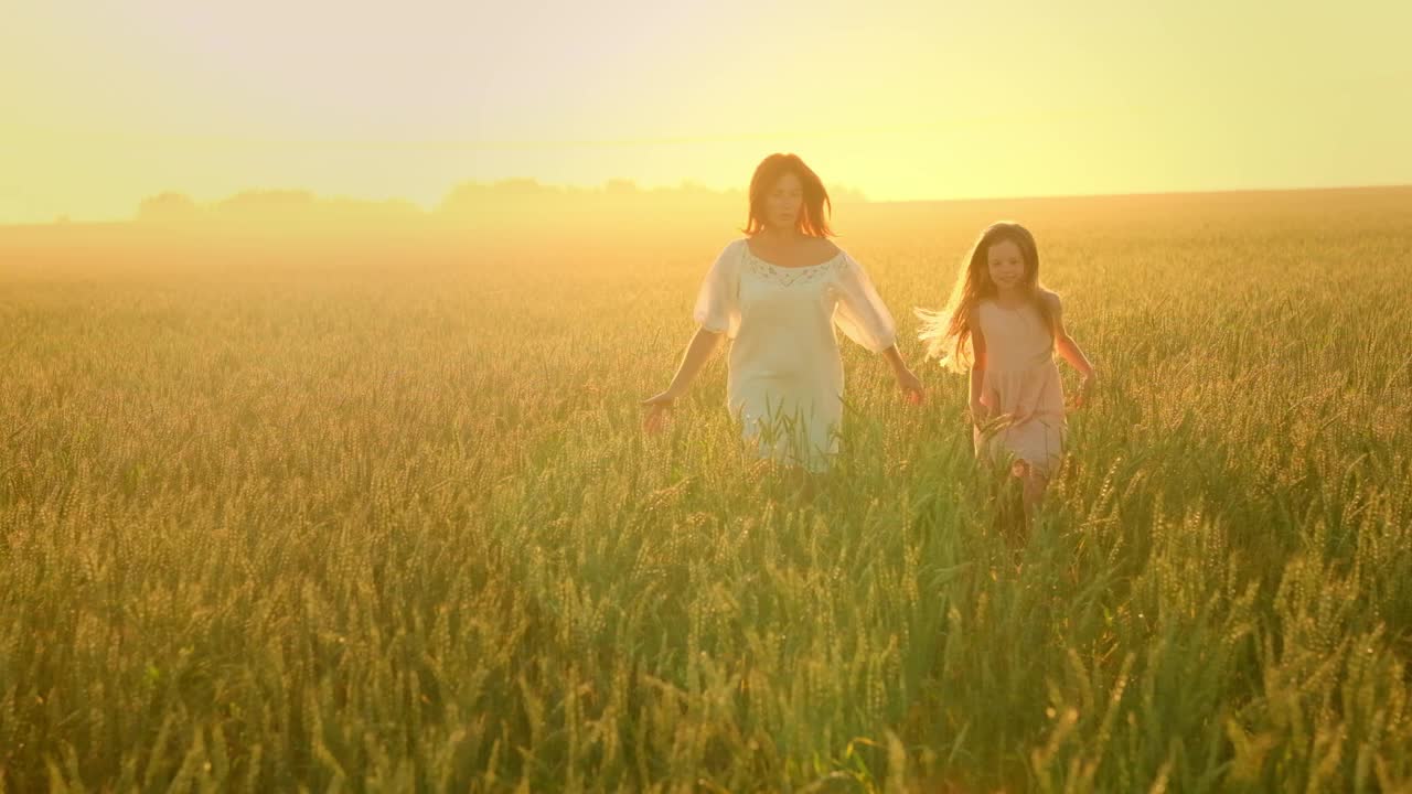 日落时分，一个女人和一个女孩在麦田里收割视频素材