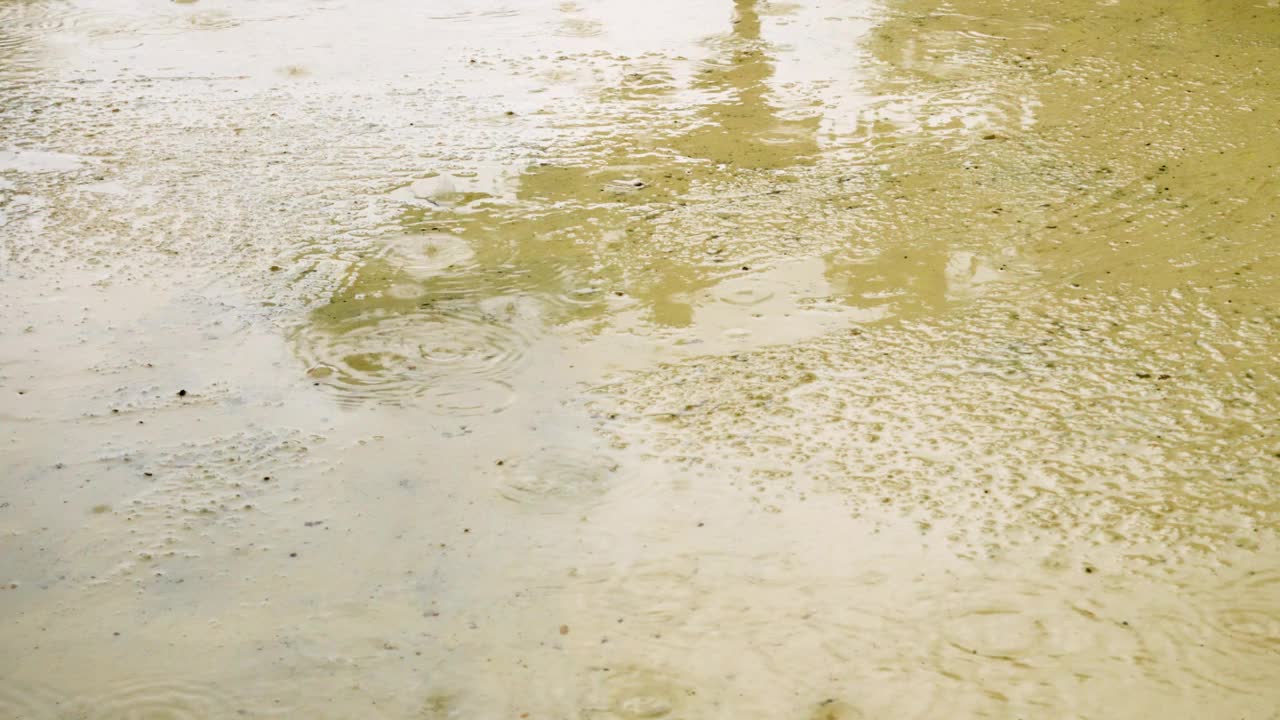 大雨滴落在潮湿的沥青表面的特写。潮湿的水坑和水泡视频素材