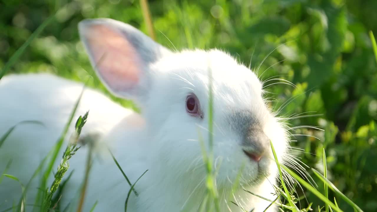 小白兔在绿色的草地上，安静甜美的小白兔坐在绿色的草地上，可爱的小白兔视频素材