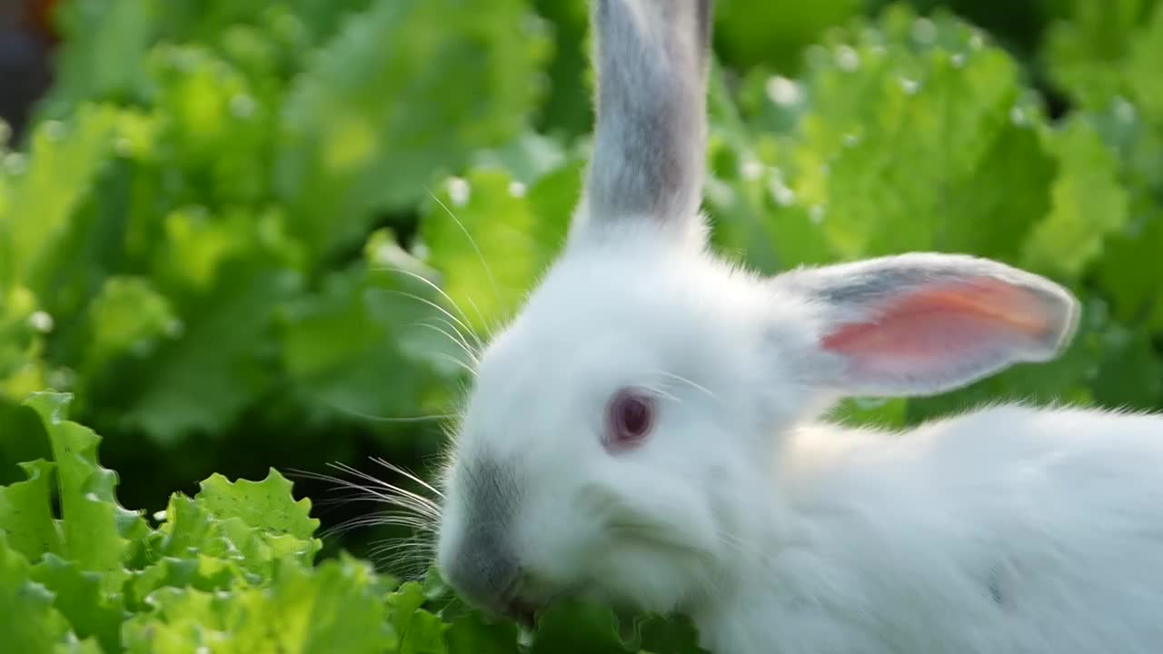 小白兔在绿草里，小白兔在吃草视频素材