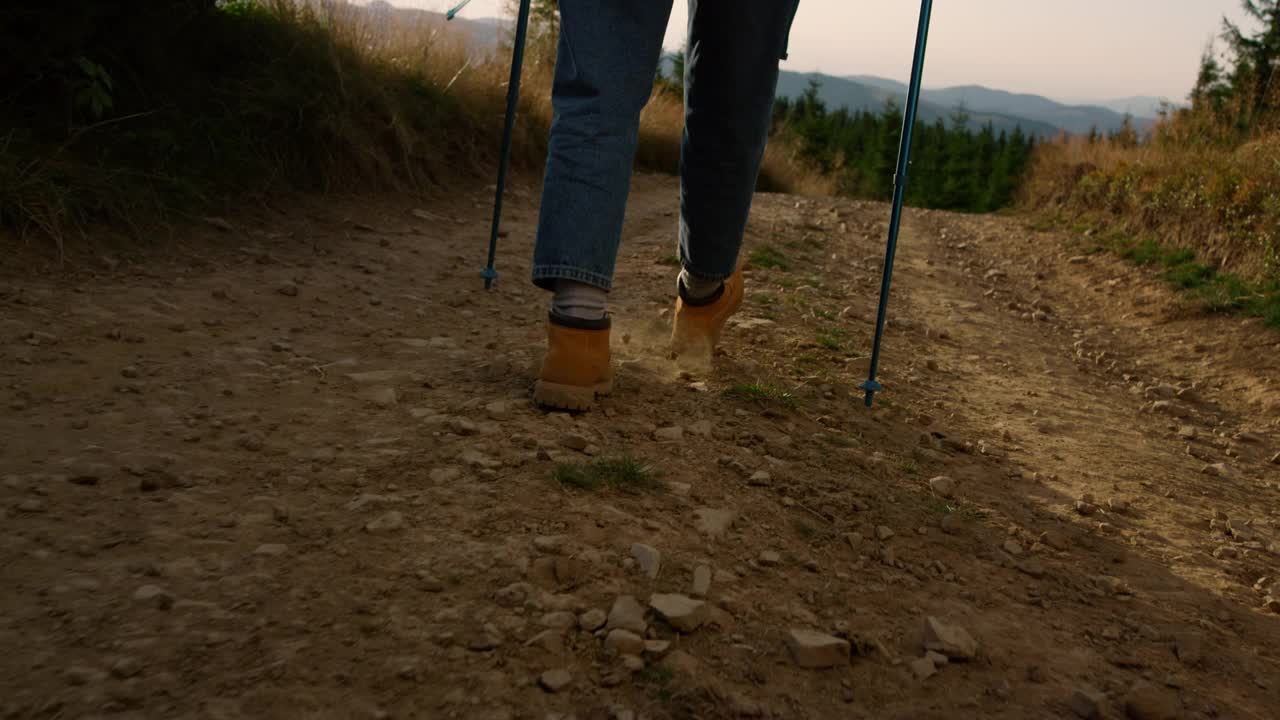 一个女人走在田野里的土路上。使用登山杖的女性旅行者视频素材