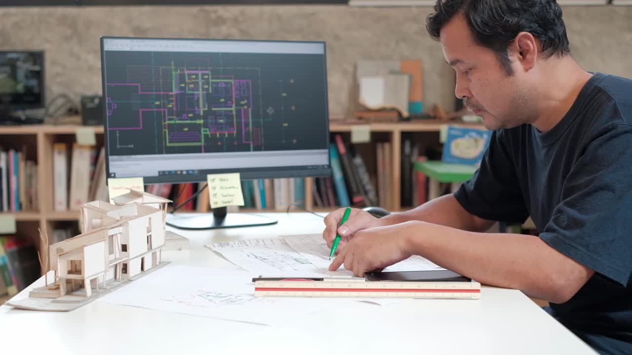 一位身穿深色衬衫的亚洲建筑师正在他的工作室里使用计算机辅助设计程序进行设计。然后把建筑计划写下来。视频素材