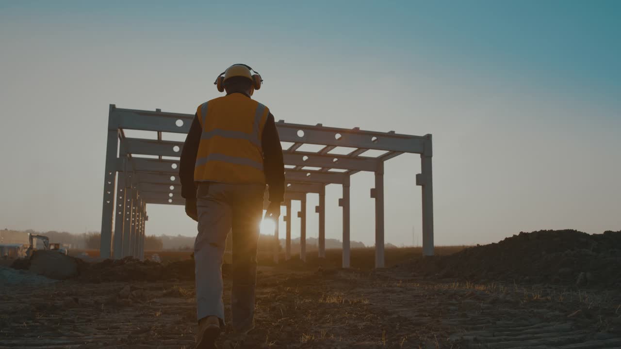 建筑工人在日出时步行前往建筑工地视频素材