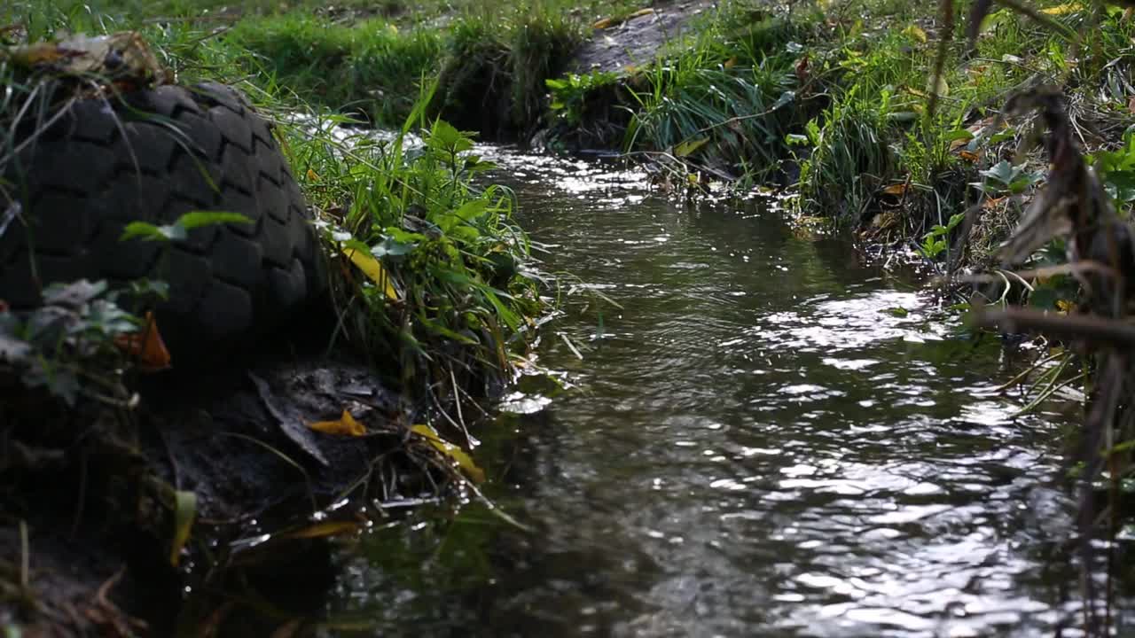 野生的水小溪与涟漪，草地和橡胶轮胎轮胎垃圾在森林视频下载