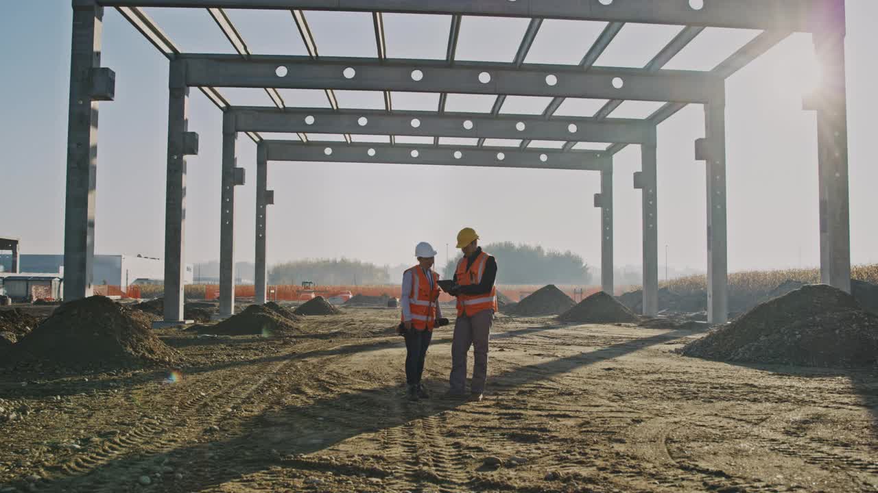 SLO MO建筑承建商及工程师在建筑地盘的肖像视频素材