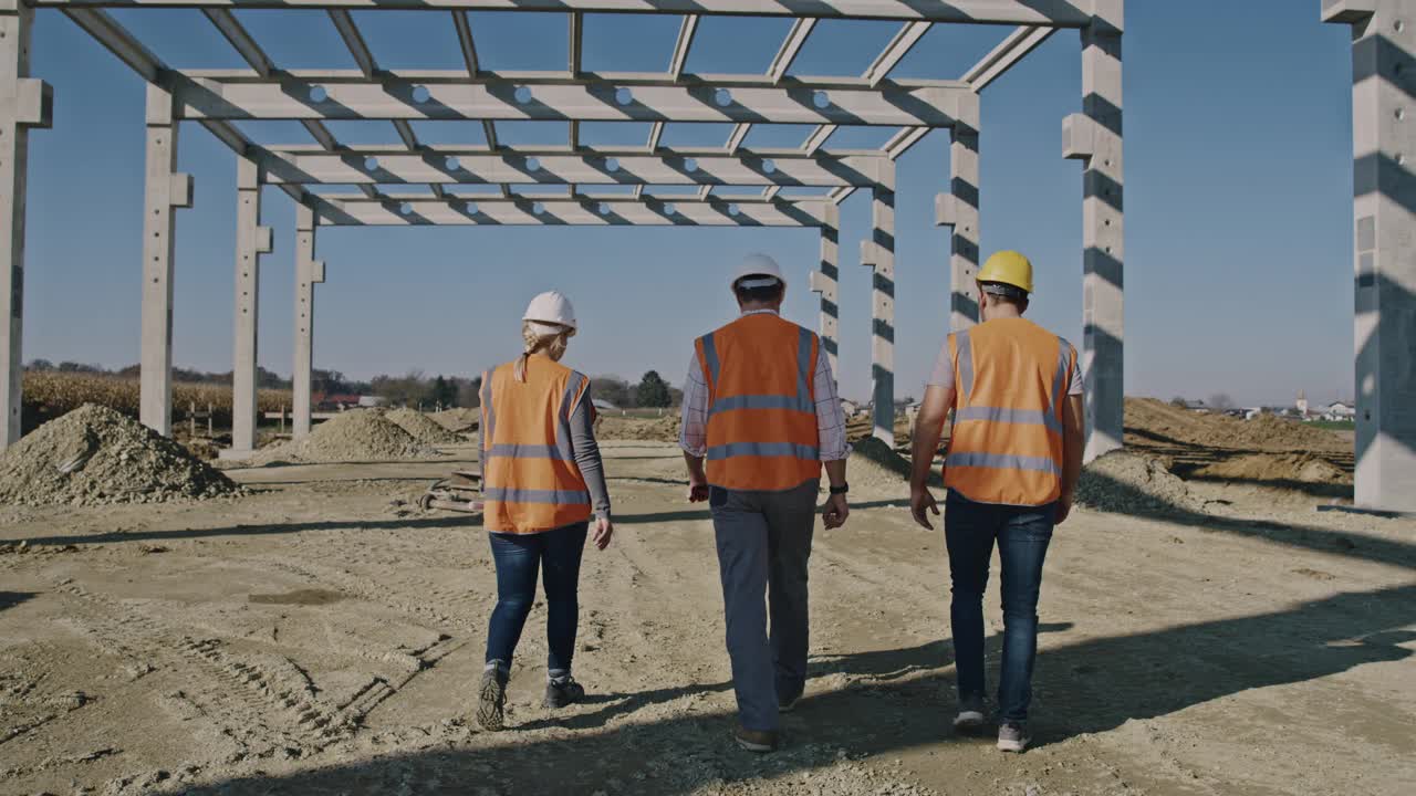 三名建筑工人在建筑工地行走视频素材