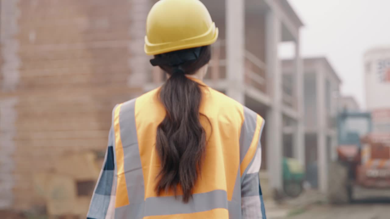 律政司司长在建筑工地行走的年轻女建筑工人视频素材