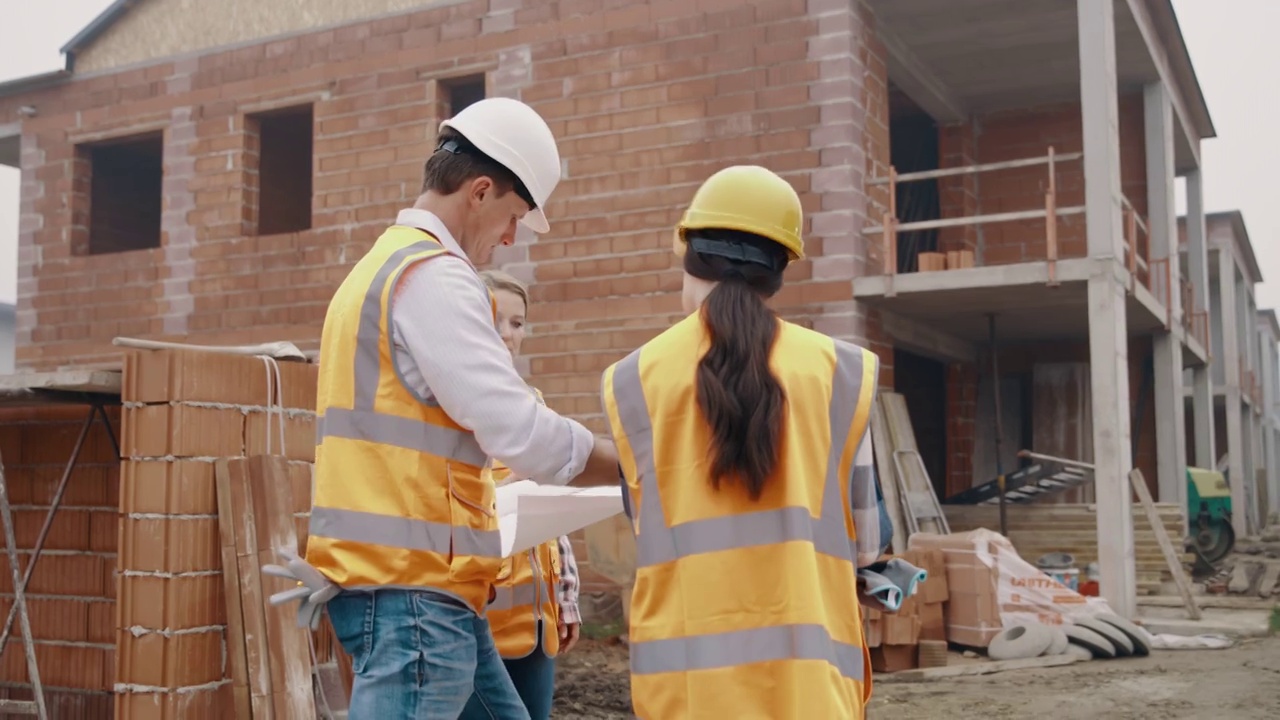 三名建筑工人在工地评估施工进度视频素材