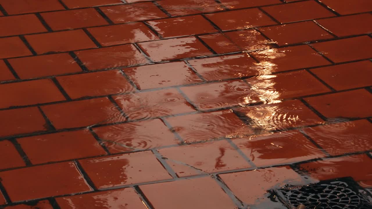 雨淋在红色庭院地板上视频下载