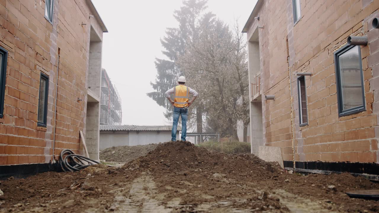 律政司司长建筑工人在建筑地盘双臂交叉摆姿势视频素材