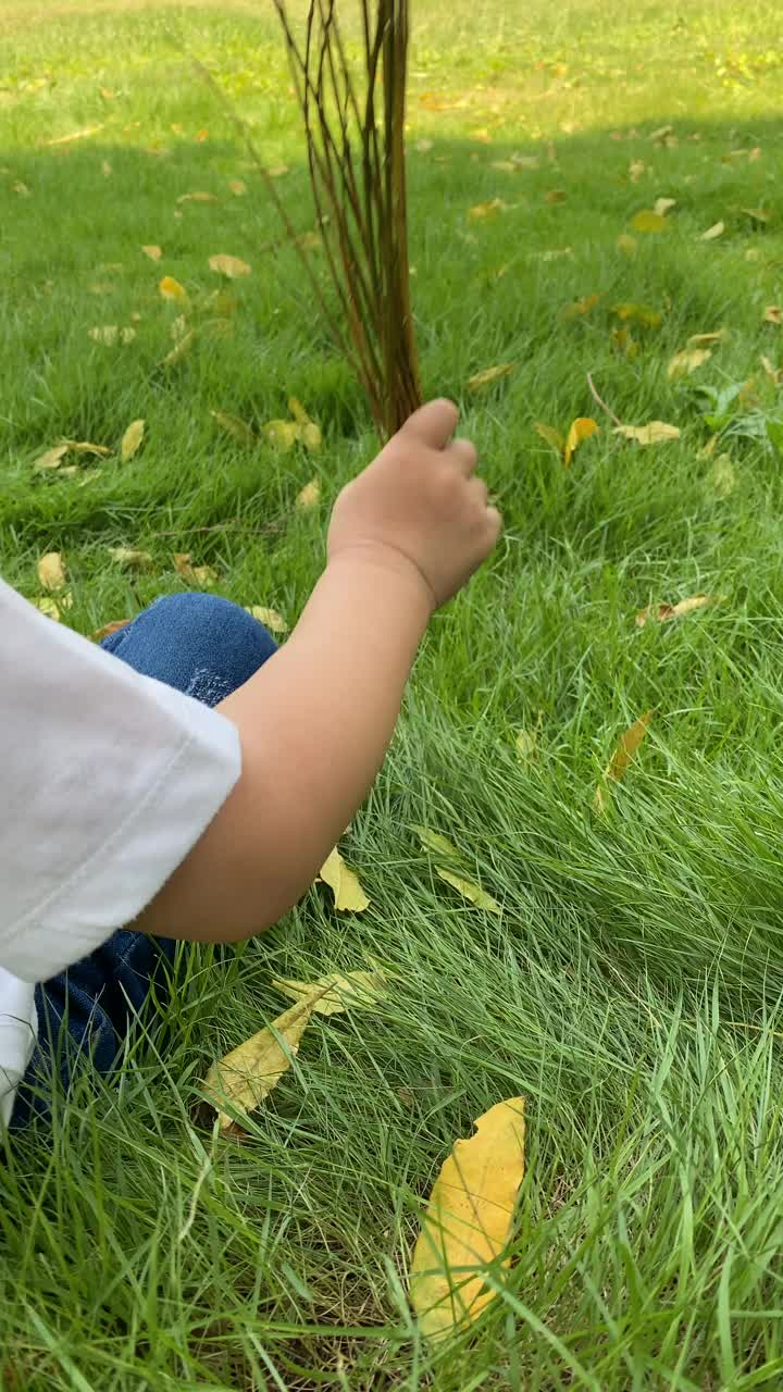 男孩在地上找洞视频素材