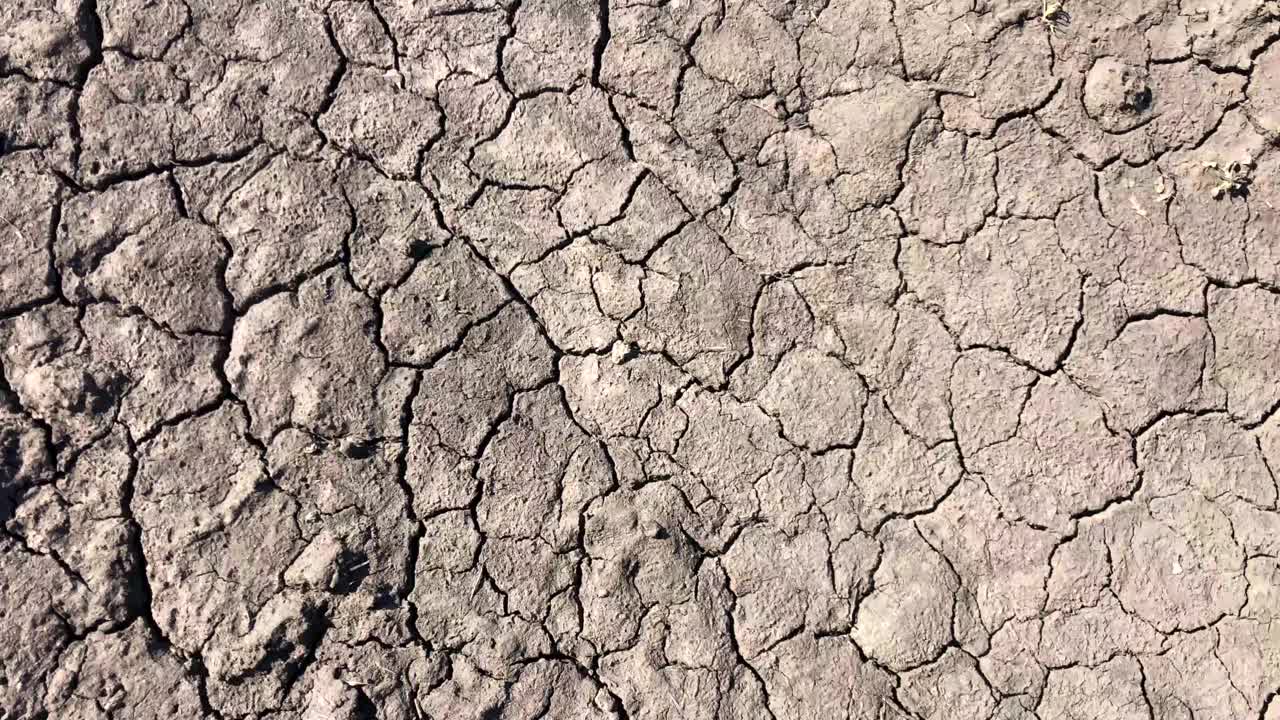 地面开裂，土壤干燥，具有天然纹理的开裂粘土。视频素材