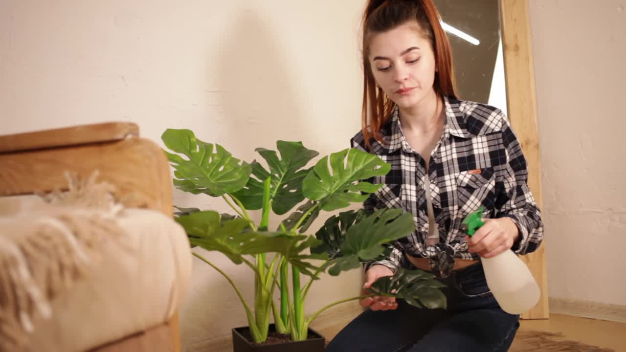 一个正在给植物浇水的年轻女子。爱护家里的花。绿色蓬莱蕉deliciosa。女孩用喷雾和水给植物浇水。米色内饰。视频素材