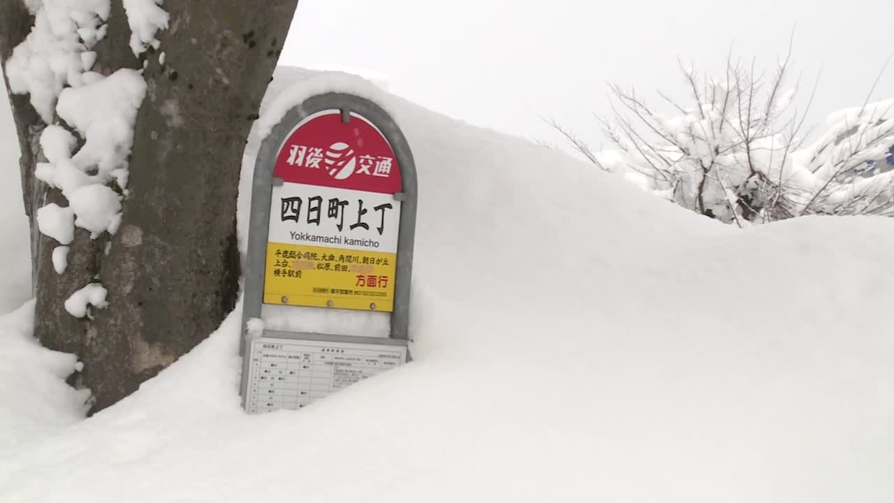 日本秋田市，被雪掩埋的公交车站视频素材