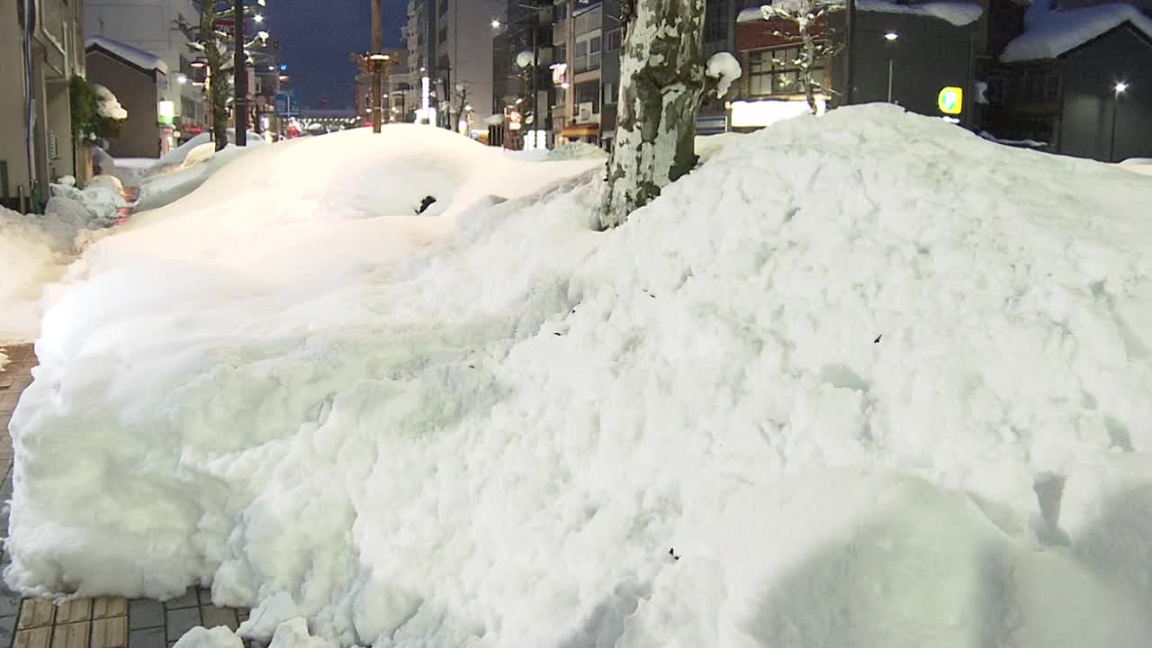 厚雪堆在街树上，富山，日本视频素材