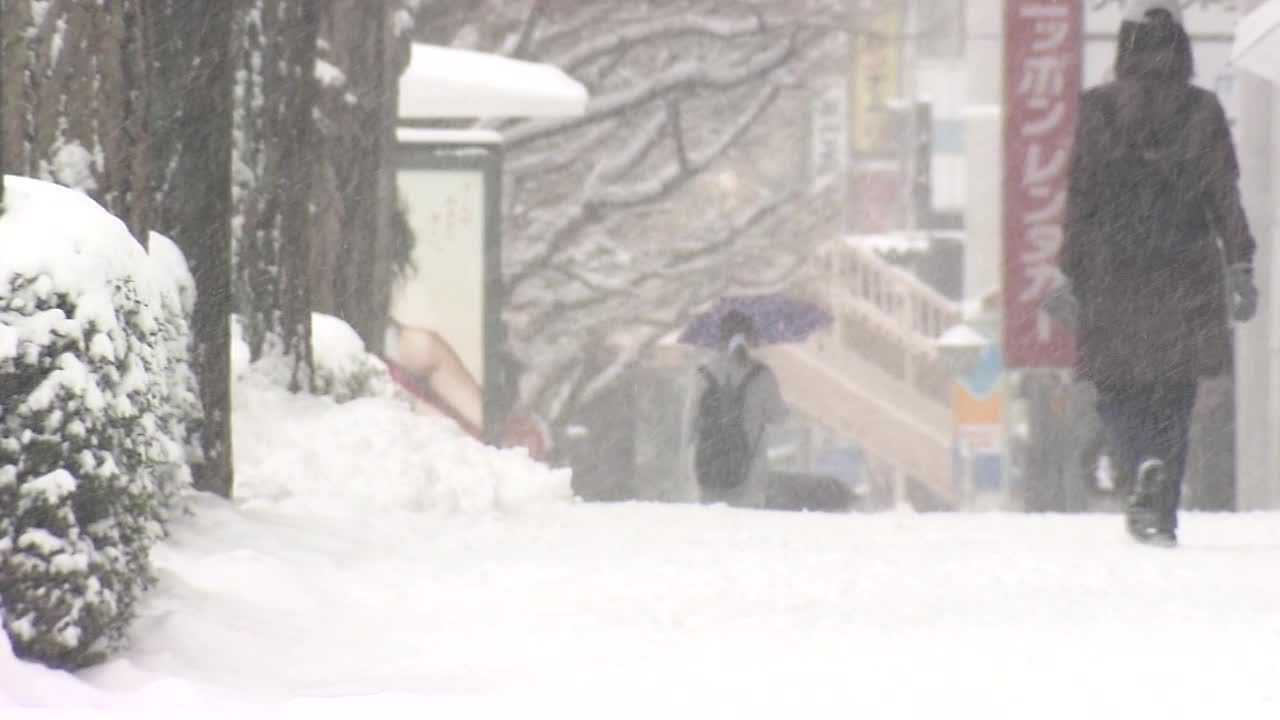 仙台，宫城县，日本，人们在雪中行走视频素材