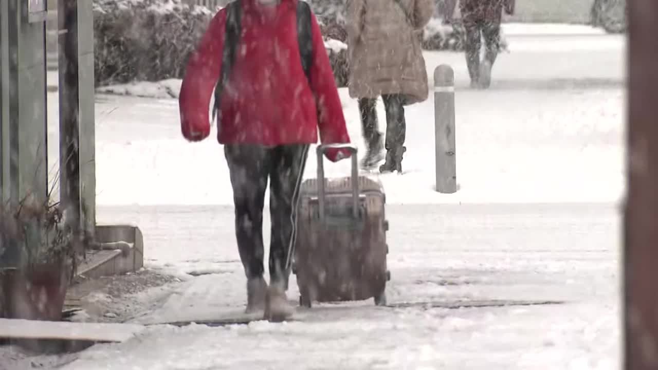 日本福冈，雪灾中手持手推车的行人视频素材