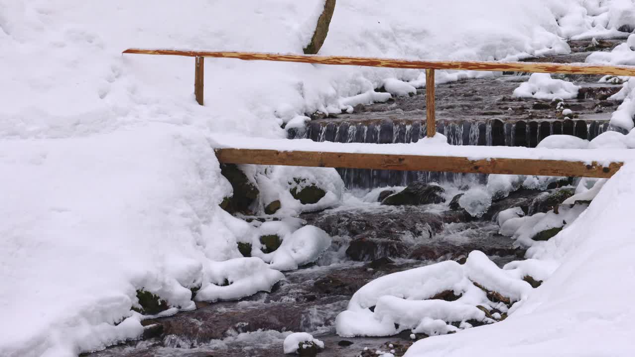 在喀尔巴阡山脉的森林山谷中，一座横跨山间溪流的木桥视频素材