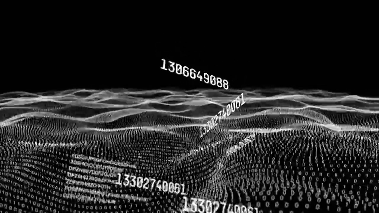 波浪网格中数字变化与二进制编码数据处理的动画视频素材