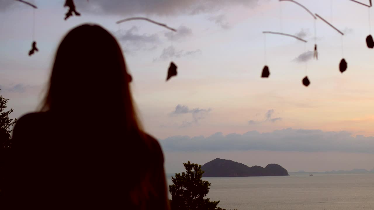 一个年轻的女孩欣赏大海和日落的景色视频素材