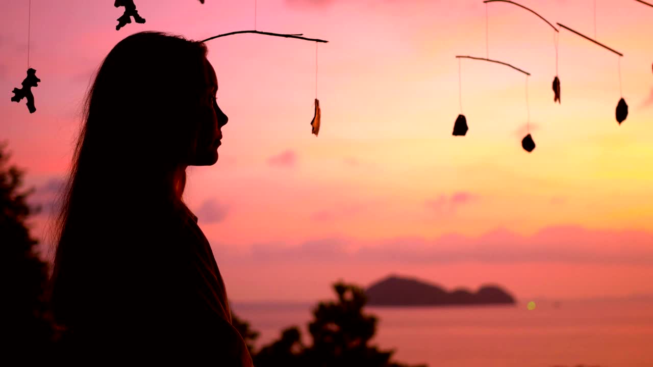 夕阳下一个美丽女孩的剪影视频素材