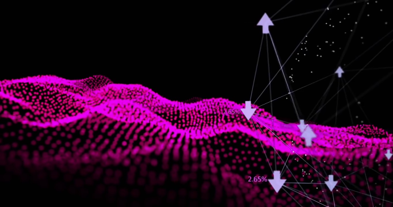 动画的数字和箭头指向下的抽象波动网格与粉红色点视频素材