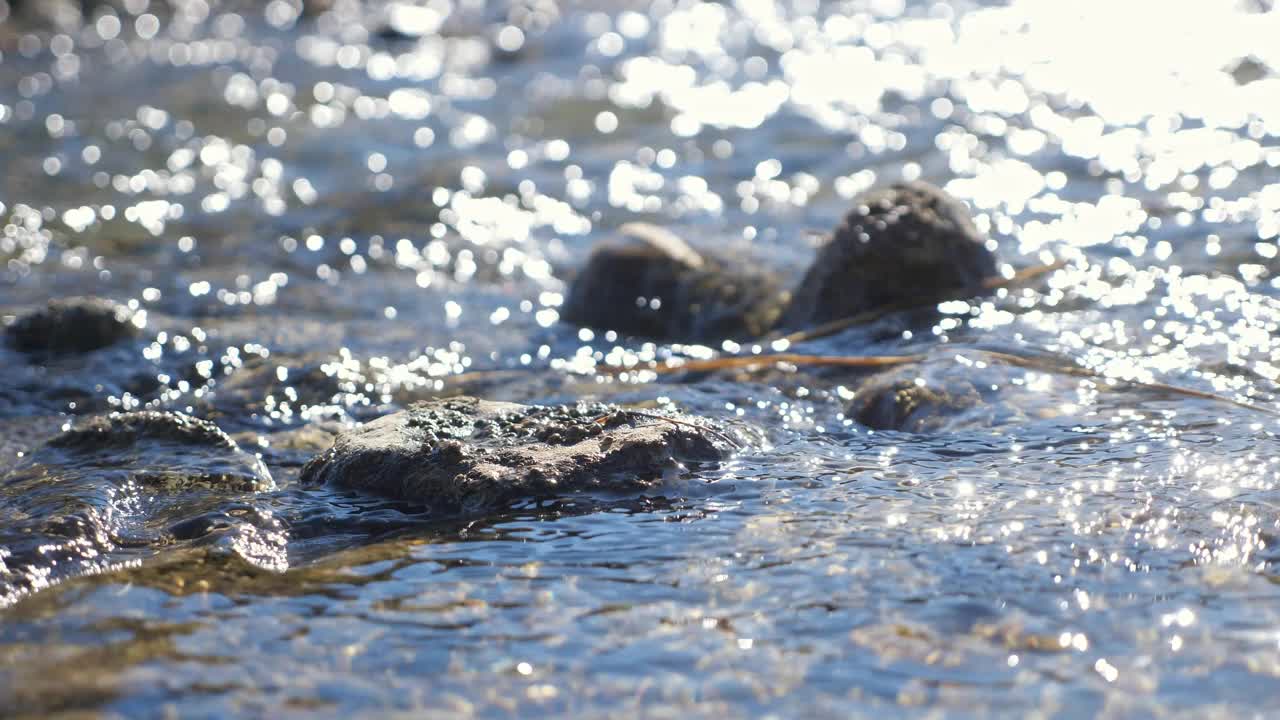 特写的石头在河里，水在阳光下闪闪发光视频素材