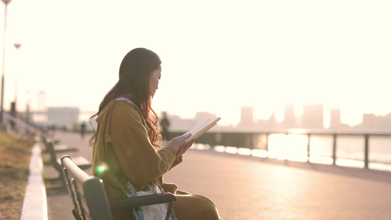 日落时分，年轻女子在海滨公园看书——第二部分视频素材