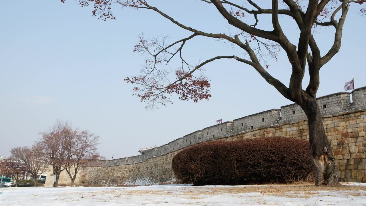 韩国水原江岸公园冬天的华城要塞视频素材