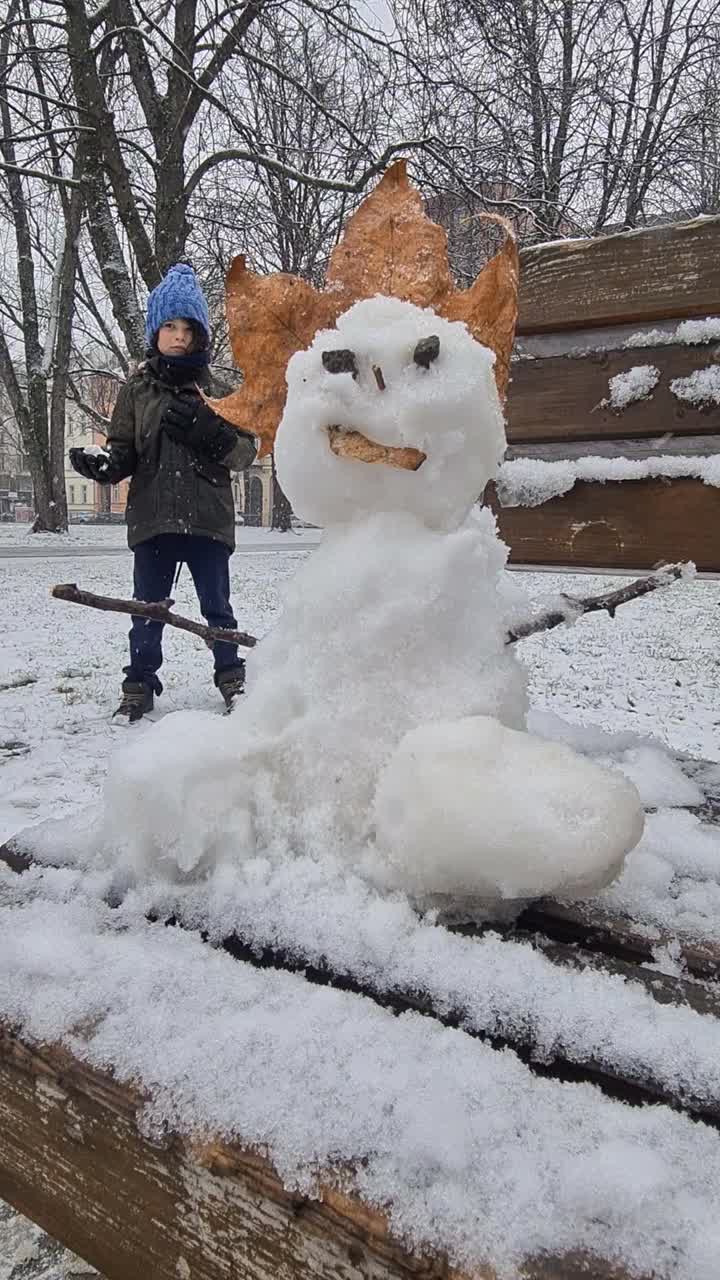 男孩和雪人玩得很开心视频素材