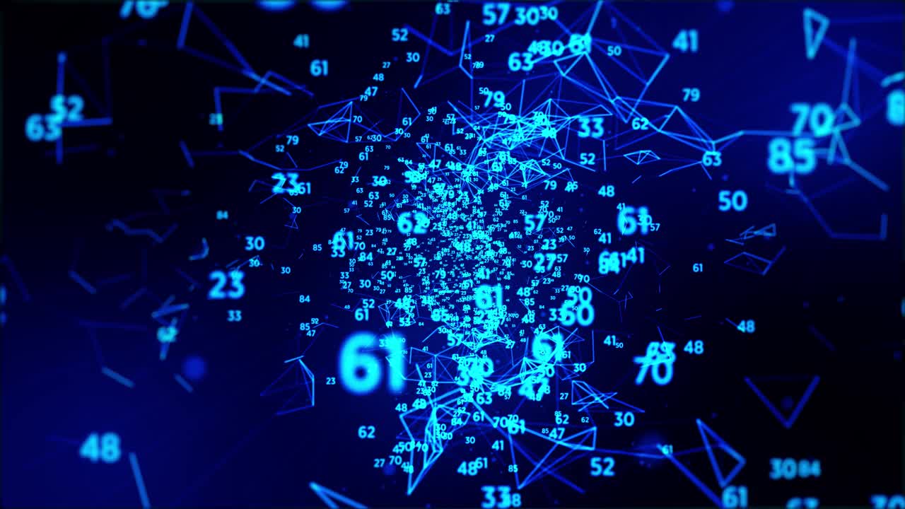 抽象数字连接移动的点、线和数字。抽象自由度模糊计数数。人工智能运动设计。金融、游戏、互联网、教育、头脑风暴、AI深度学习计算机、大脑、网络、网络的概念视频素材