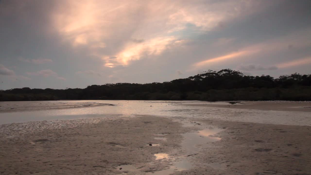 时间流逝，夕阳在Coffs Creek泥滩与金色的倒影在平静的水，Coffs港，新南威尔士州，澳大利亚。视频素材