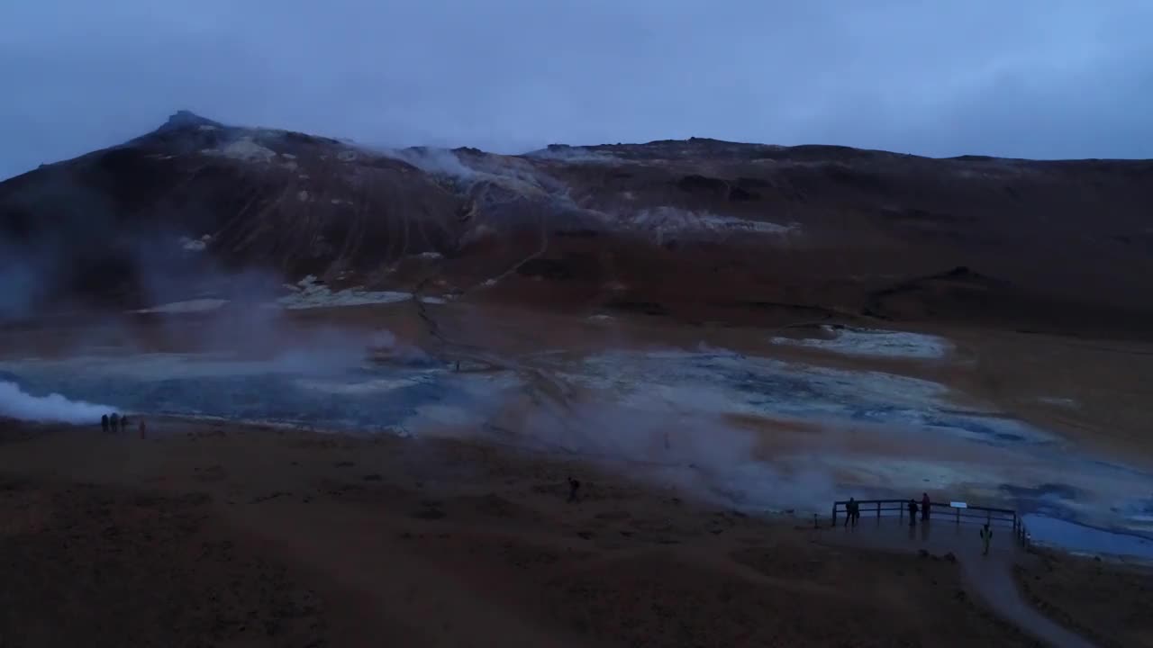 由无人机拍摄的冰岛航拍视频。美丽的风景在Hveraronf，在一个活跃的火山活动地区视频素材