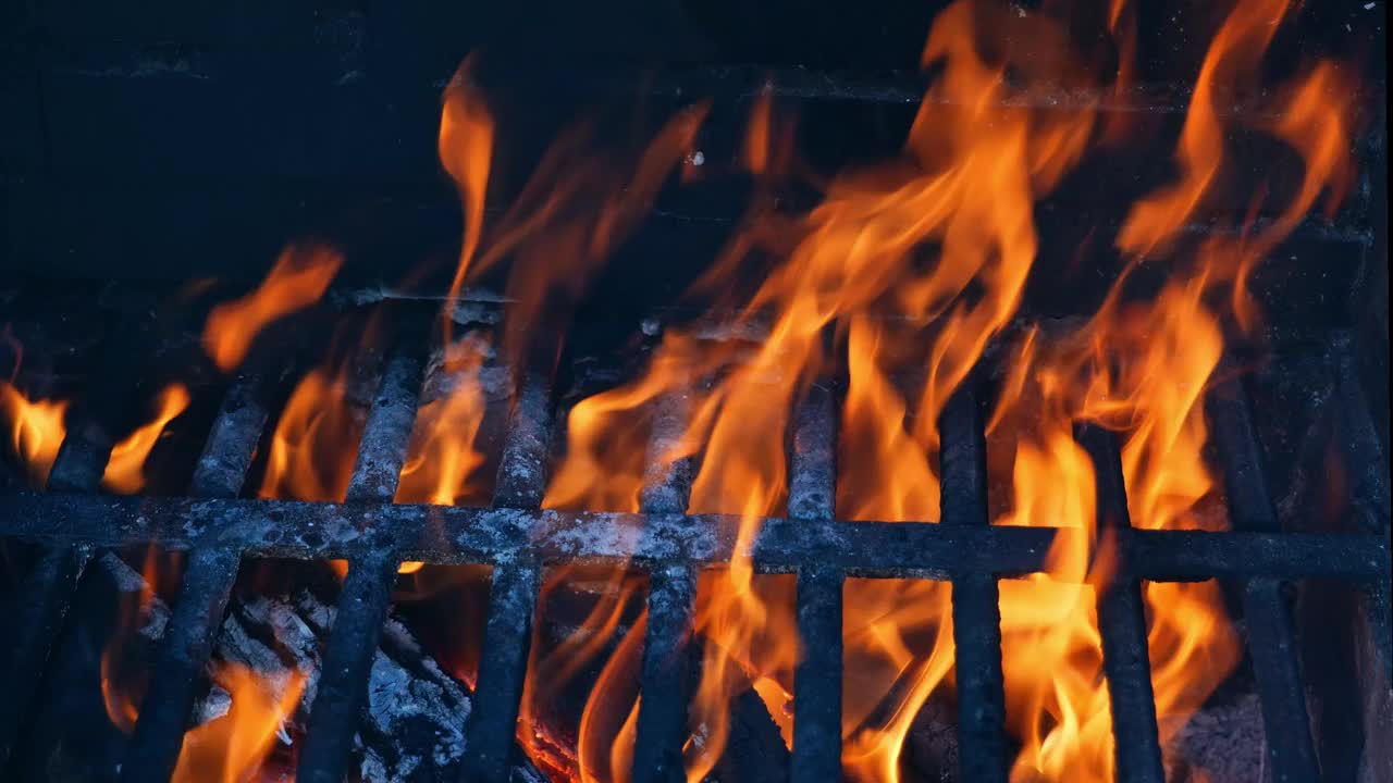 特写特写在垂直慢动作模式的户外烧烤火和肉类烧烤准备食物的家庭野餐日。视频下载