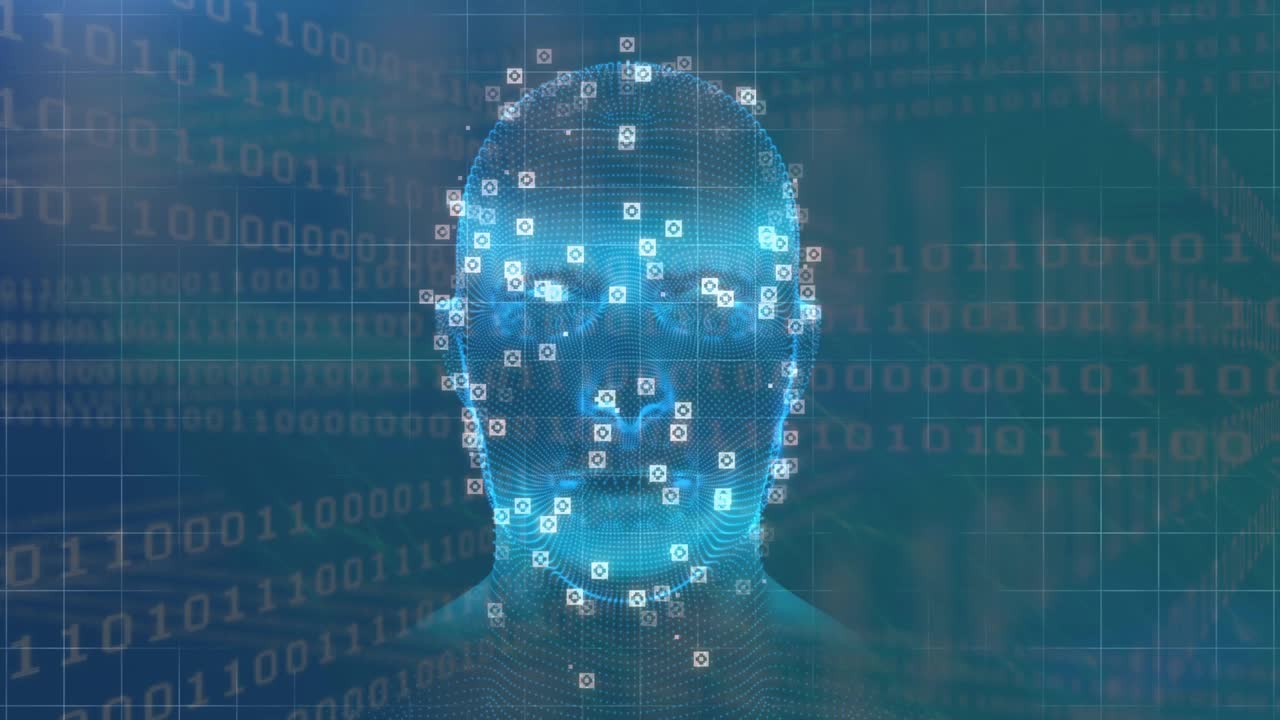 数字变换、二进制编码和人头旋转的动画视频素材