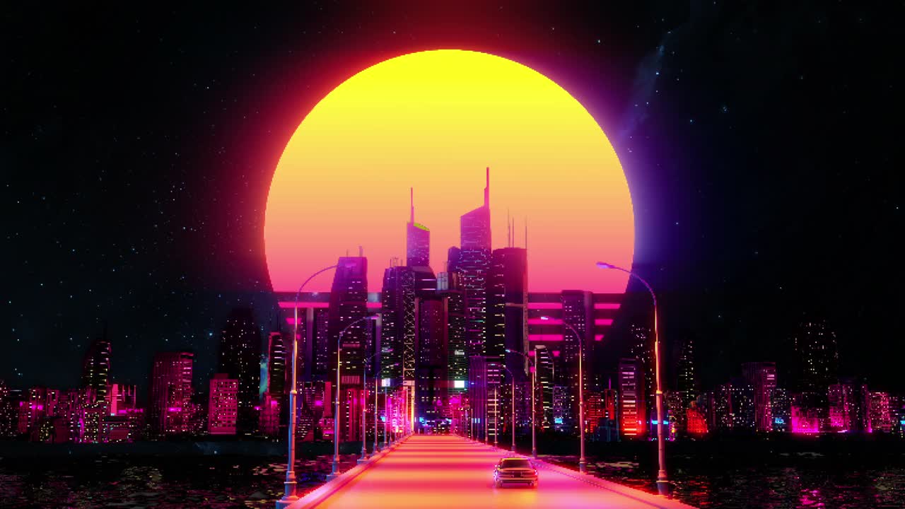 复古的电子游戏背景，汽车进入夜晚的城市与粉红色的月亮视频下载