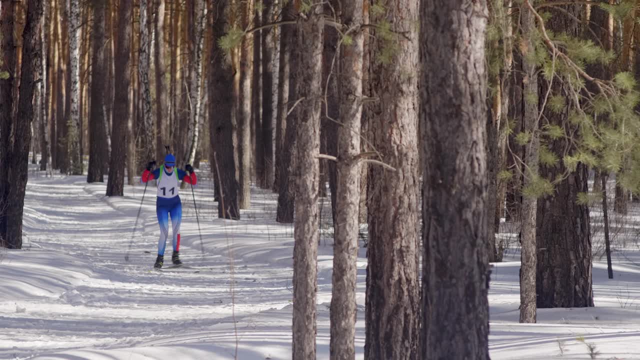 在森林里滑雪的职业女子滑雪运动员视频下载