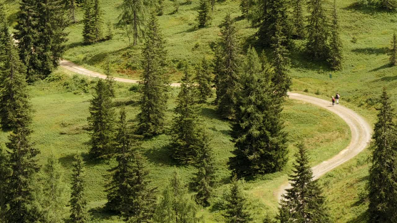 两名徒步旅行者走在砾石小径上，穿过奥地利阿尔卑斯山美丽的森林风景视频下载