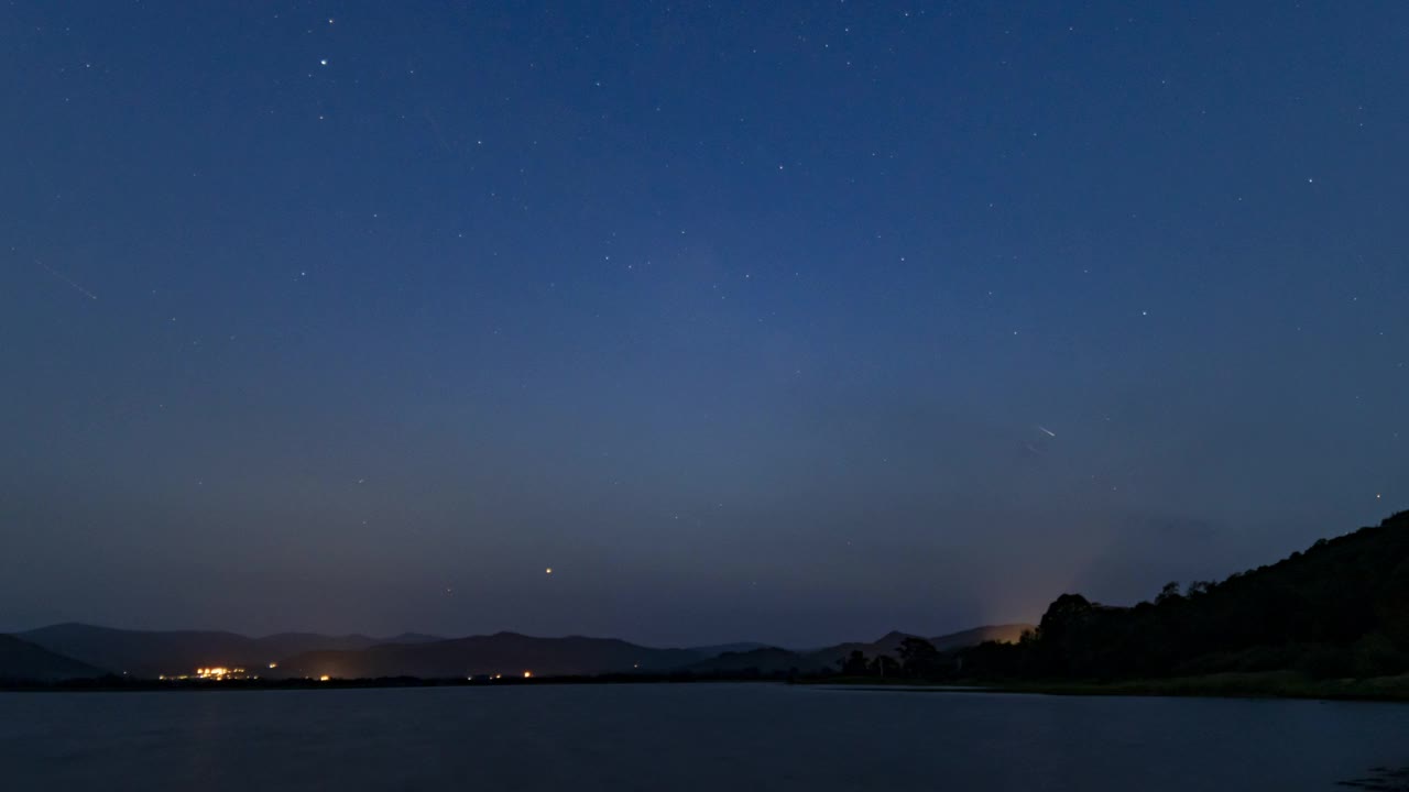 Bassenthwaite湖的时间流逝，木星和土星在Keswick上升。视频下载