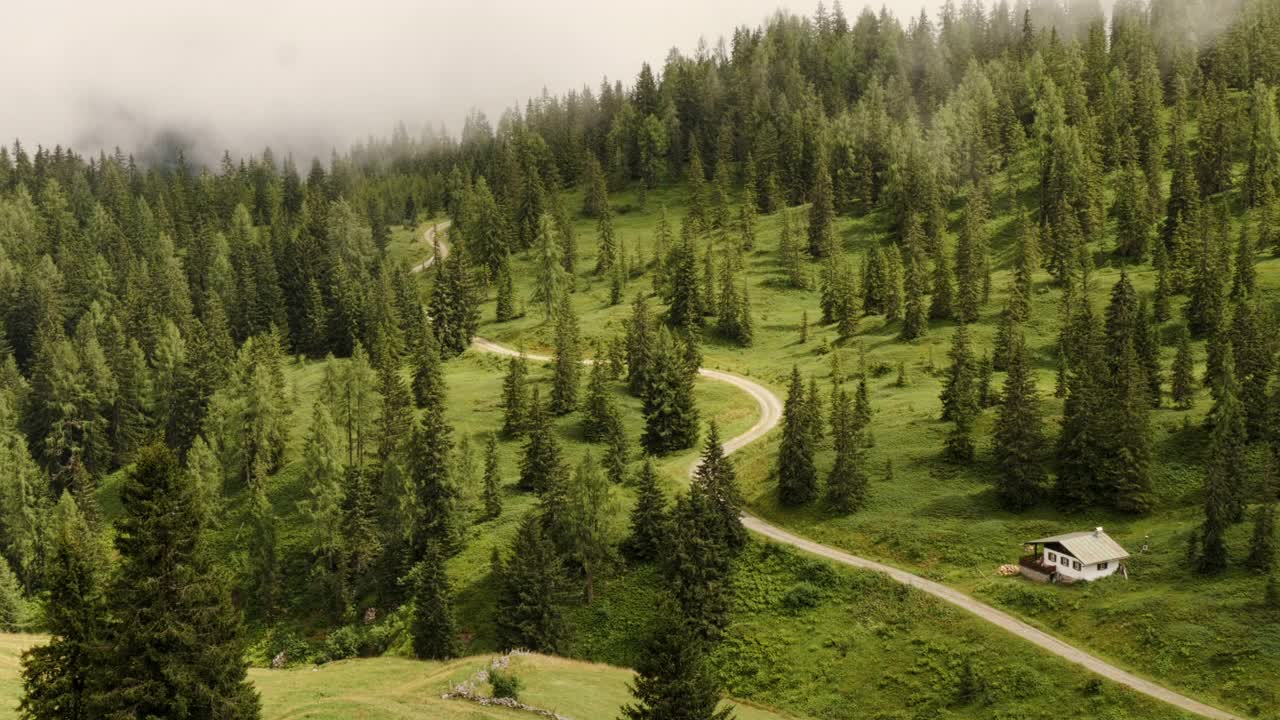 时间流逝低云漫游美丽的森林风景在奥地利阿尔卑斯-宽拍摄从上面视频下载