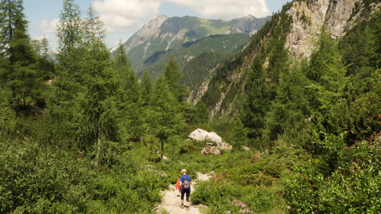 从奥地利阿尔卑斯山脉的塔彭卡湖回来的徒步旅行者穿过美丽的风景视频下载